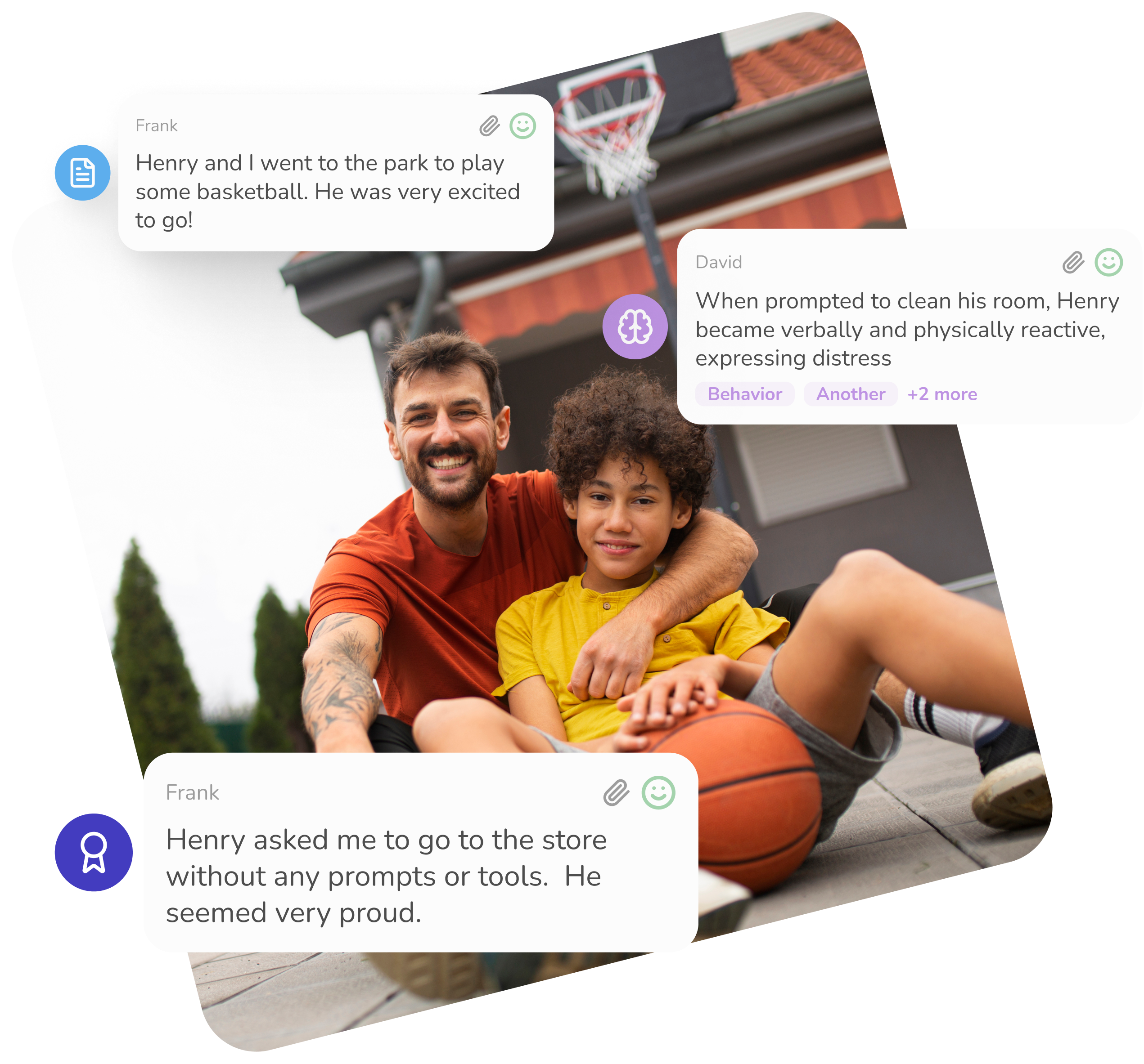 Mobile app showing behavior tracking, checklists, and medications